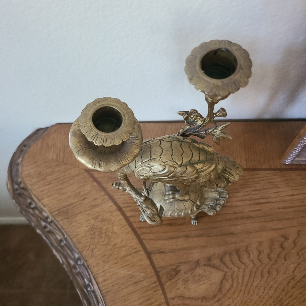 Japanese Gilt Bronze Crane on Dragon Turtle Candlesticks 19th Century - Antique - Picture 4 of 7